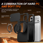 iPhone 17 Pro Magnetic Case Ring Kickstand Slide Camera Cover TPU PC Hybrid Phone Shell - Black