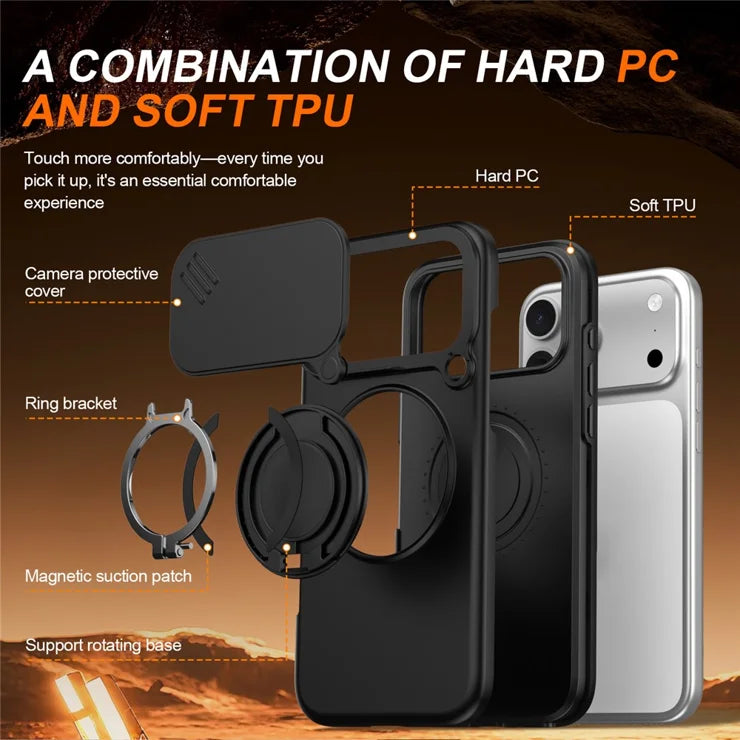 iPhone 17 Pro Magnetic Case Ring Kickstand Slide Camera Cover TPU PC Hybrid Phone Shell - Black