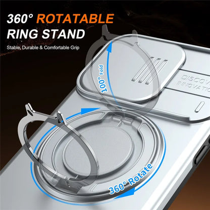For iPhone 15 Pro Max Magnetic Case Ring Kickstand Slide Camera Cover TPU PC Hybrid Phone Shell - Grey