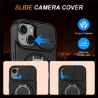 For iPhone 15 Case Magnetic Case Ring Kickstand Slide Camera Cover TPU PC Hybrid Phone Shell - Black
