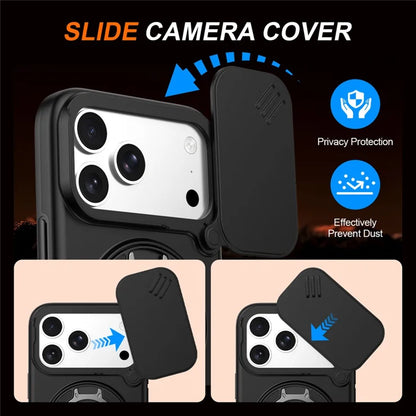 iPhone 17 Pro Magnetic Case Ring Kickstand Slide Camera Cover TPU PC Hybrid Phone Shell - Black