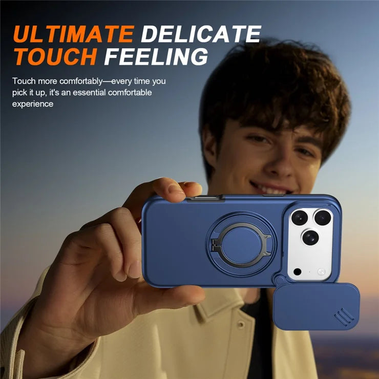 iPhone 17 Pro Magnetic Case Ring Kickstand Slide Camera Cover TPU PC Hybrid Phone Shell - Blue
