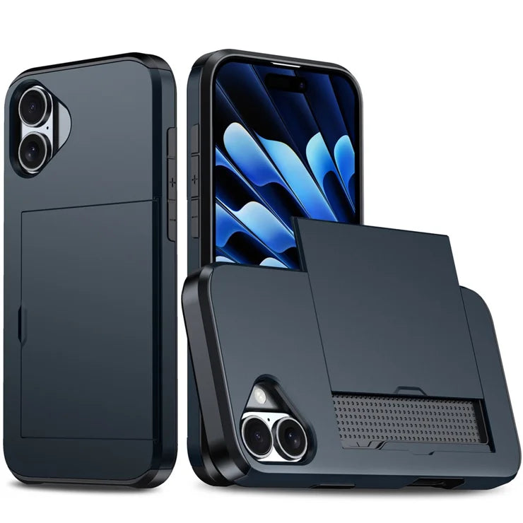 AMORUS For iPhone 17 Case with Sliding Card Holder PC TPU Phone Back Cover - Navy Blue