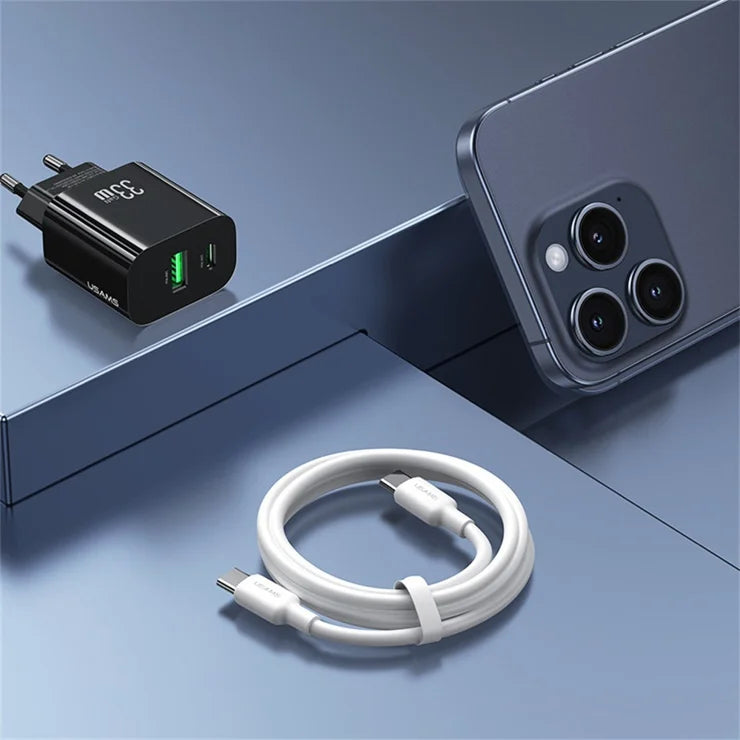 USAMS CC317 T65 33W Fast Charger for iPhone 8-16 Series Dual Ports USB-A + USB-C GaN Power Adapter - EU Plug / Black