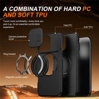 iPhone 16 Pro Case Magnetic Case Ring Kickstand Slide Camera Cover TPU PC Hybrid Phone Shell - Black
