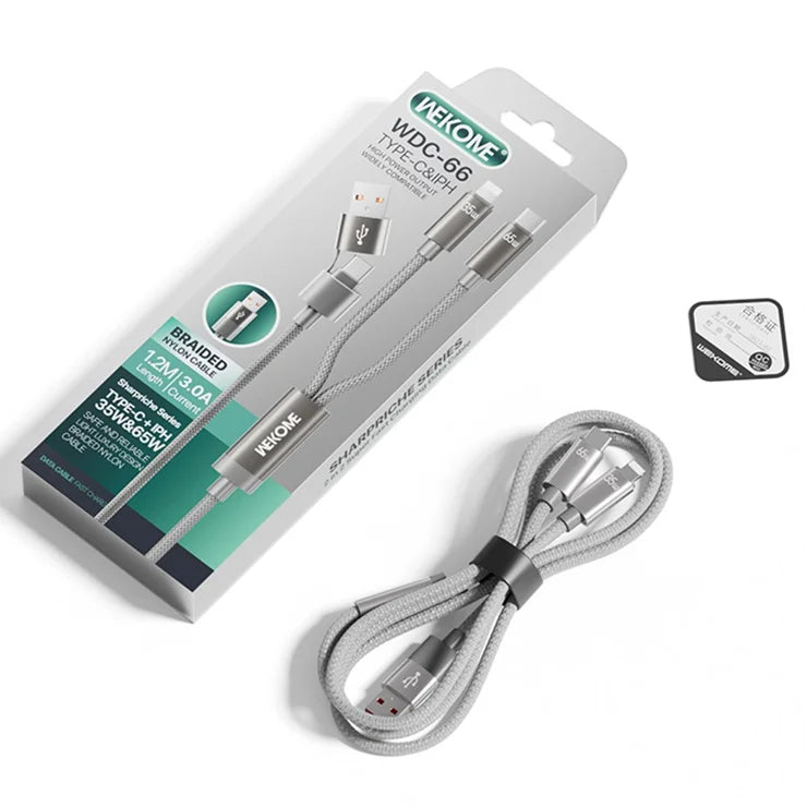 WEKOME WDC-66 USB  /  Type-C to Type-C  /  iP Cable 1.2m 3A 65W Super Fast Charging Data Sync Cord - Grey