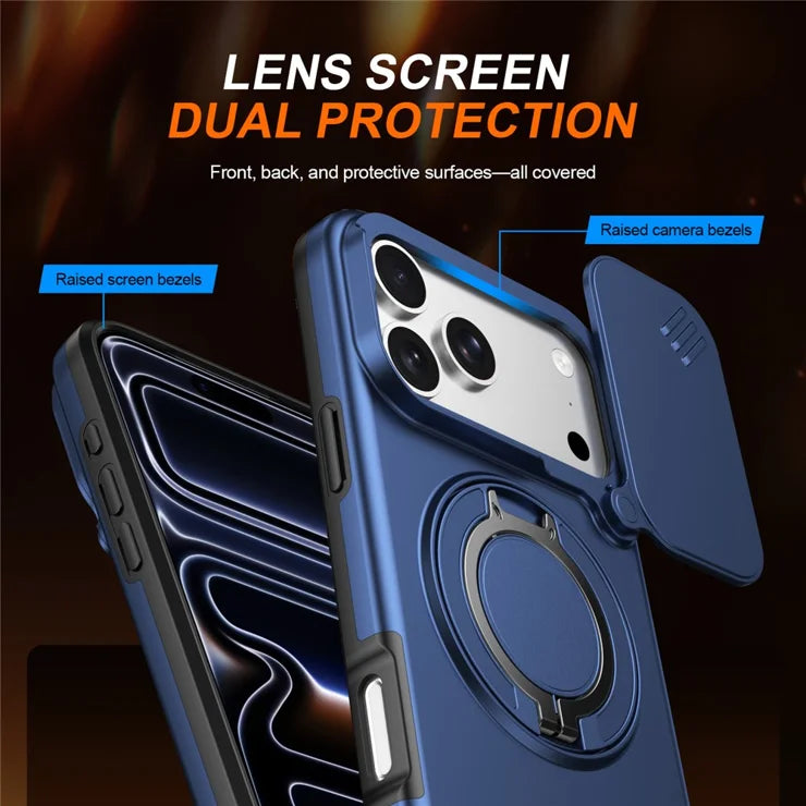 iPhone 17 Pro Magnetic Case Ring Kickstand Slide Camera Cover TPU PC Hybrid Phone Shell - Blue