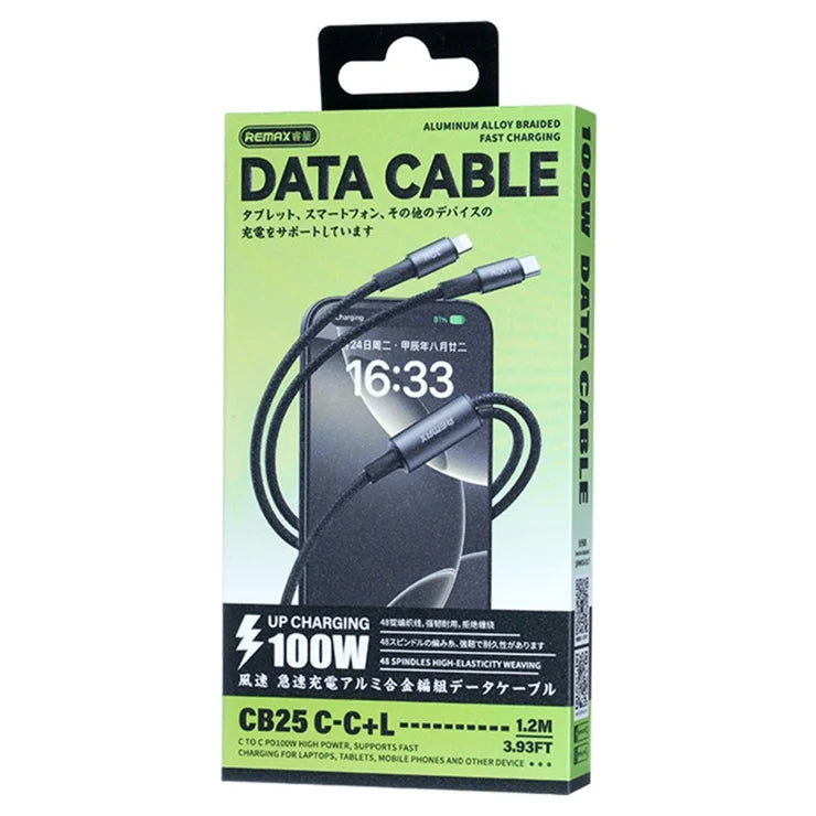 REMAX CB25 100W Dual Port Aluminum Alloy Braided Cable USB-C to USB-C / Lightning 1.2M