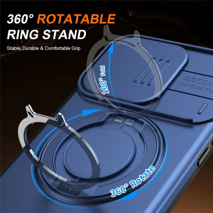 iPhone 15 Pro Case Magnetic Case Ring Kickstand Slide Camera Cover TPU PC Hybrid Phone Shell - Blue