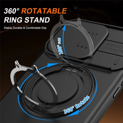 iPhone 16 Pro Case Magnetic Case Ring Kickstand Slide Camera Cover TPU PC Hybrid Phone Shell - Black