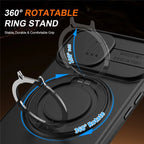 For iPhone 15 Case Magnetic Case Ring Kickstand Slide Camera Cover TPU PC Hybrid Phone Shell - Black