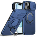 iPhone 15 Plus / 14 Plus Ring Kickstand Slide Camera Cover TPU PC Hybrid Phone Shell - Blue