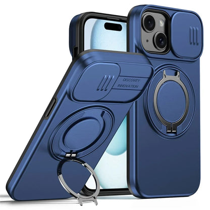 iPhone 15 Plus  /  14 Plus Ring Kickstand Slide Camera Cover TPU PC Hybrid Phone Shell - Blue