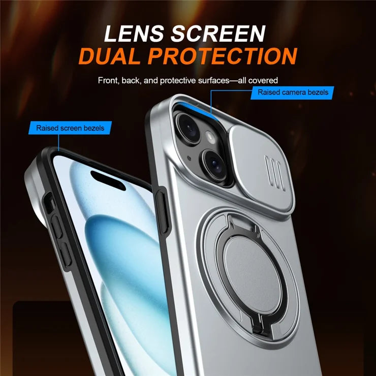 iPhone 15 Case Magnetic Case Ring Kickstand Slide Camera Cover TPU PC Hybrid Phone Shell - Silver