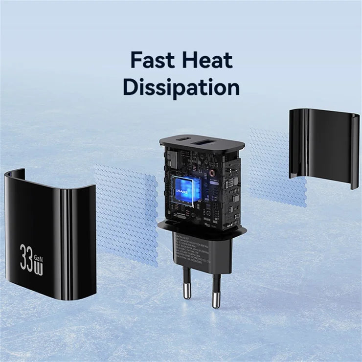 USAMS CC317 T65 33W Fast Charger for iPhone 8-16 Series Dual Ports USB-A + USB-C GaN Power Adapter - EU Plug / Black