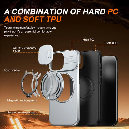 iPhone 15 Case Magnetic Case Ring Kickstand Slide Camera Cover TPU PC Hybrid Phone Shell - Silver