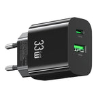 USAMS CC317 T65 33W Fast Charger for iPhone 8-16 Series Dual Ports USB-A + USB-C GaN Power Adapter - EU Plug / Black