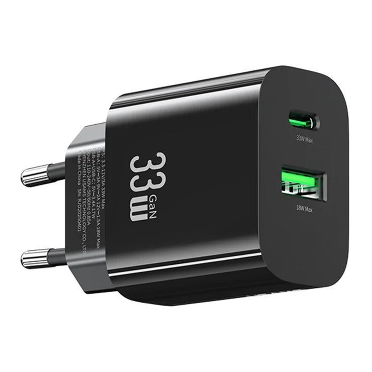 USAMS CC317 T65 33W Fast Charger for iPhone 8-16 Series Dual Ports USB-A + USB-C GaN Power Adapter - EU Plug / Black