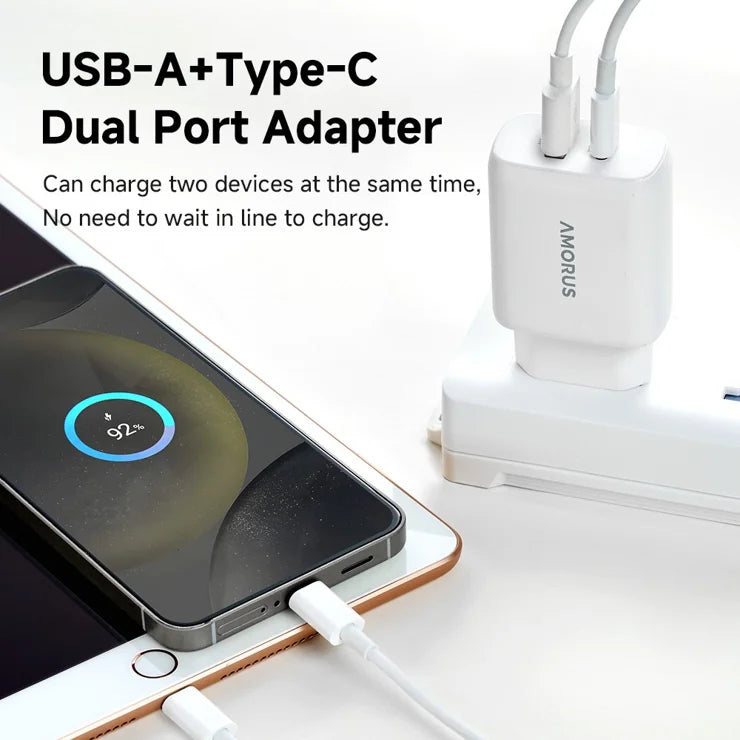 AMORUS PD 30W Type-C + QC 18W USB-A Dual Port GaN Power Adapter Fast Charging Wall Charger for Phone Tablet - EU Plug