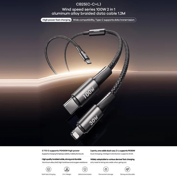 REMAX CB25 100W Dual Port Aluminum Alloy Braided Cable USB-C to USB-C / Lightning 1.2M