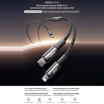 REMAX CB25 100W Dual Port Aluminum Alloy Braided Cable USB-C to USB-C  /  Lightning 1.2M