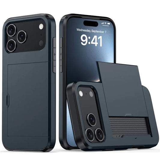 AMORUS Cover til iPhone 17 Pro med Skydbart Kortholder PC TPU Telefon Bagcover - Navy Blå