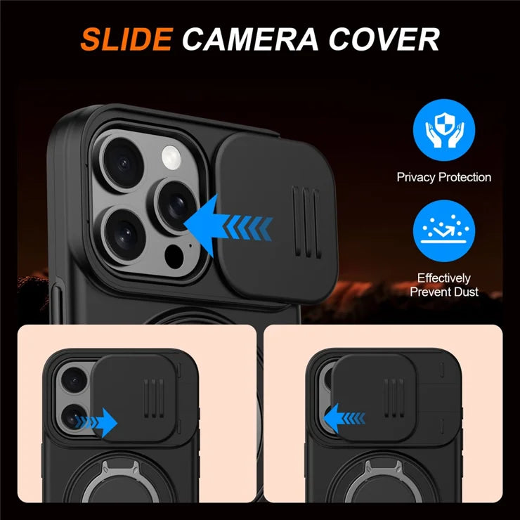 iPhone 15 Pro Max Magnetic Case Ring Kickstand Slide Camera Cover TPU PC Hybrid Phone Shell - Black