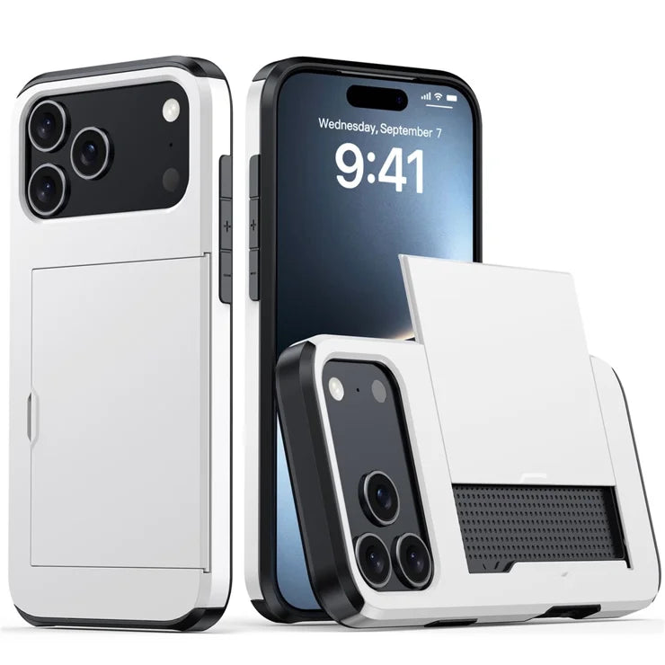 AMORUS For iPhone 17 Pro Max Case with Sliding Card Holder PC TPU Phone Back Cover - White