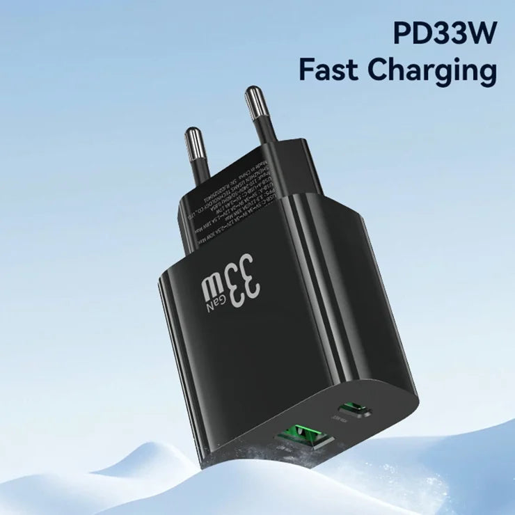 USAMS CC317 T65 33W Fast Charger for iPhone 8-16 Series Dual Ports USB-A + USB-C GaN Power Adapter - EU Plug / Black