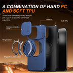 iPhone 15 Pro Case Magnetic Case Ring Kickstand Slide Camera Cover TPU PC Hybrid Phone Shell - Blue