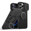 iPhone 16 Pro Case Magnetic Case Ring Kickstand Slide Camera Cover TPU PC Hybrid Phone Shell - Black