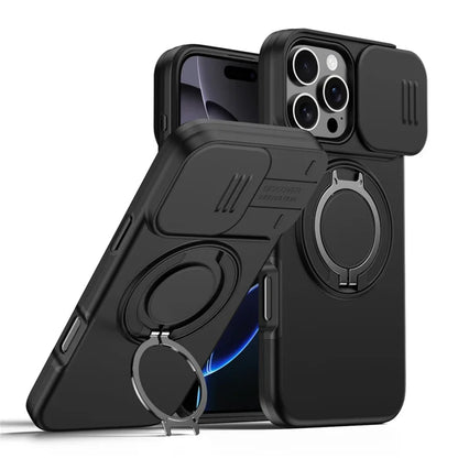 iPhone 16 Pro Case Magnetic Case Ring Kickstand Slide Camera Cover TPU PC Hybrid Phone Shell - Black