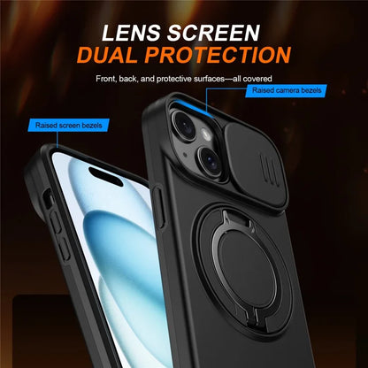 For iPhone 15 Case Magnetic Case Ring Kickstand Slide Camera Cover TPU PC Hybrid Phone Shell - Black