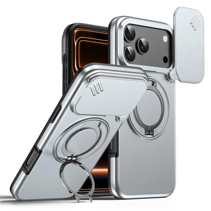 iPhone 17 Pro Magnetic Case Ring Kickstand Slide Camera Cover TPU PC Hybrid Phone Shell - Grey