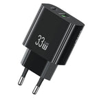 USAMS CC317 T65 33W Fast Charger for iPhone 8-16 Series Dual Ports USB-A + USB-C GaN Power Adapter - EU Plug / Black