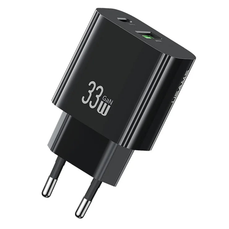 USAMS CC317 T65 33W Fast Charger for iPhone 8-16 Series Dual Ports USB-A + USB-C GaN Power Adapter - EU Plug / Black