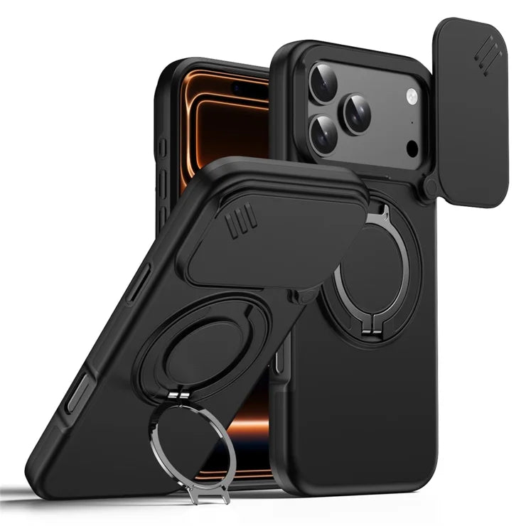 iPhone 17 Pro Magnetic Case Ring Kickstand Slide Camera Cover TPU PC Hybrid Phone Shell - Black