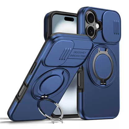 iPhone 17 Case Magnetic Case Ring Kickstand Slide Camera Cover TPU PC Hybrid Phone Shell - Blue