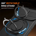 iPhone 17 Case Magnetic Case Ring Kickstand Slide Camera Cover TPU PC Hybrid Phone Shell - Black