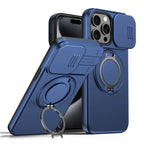 iPhone 15 Pro Case Magnetic Case Ring Kickstand Slide Camera Cover TPU PC Hybrid Phone Shell - Blue