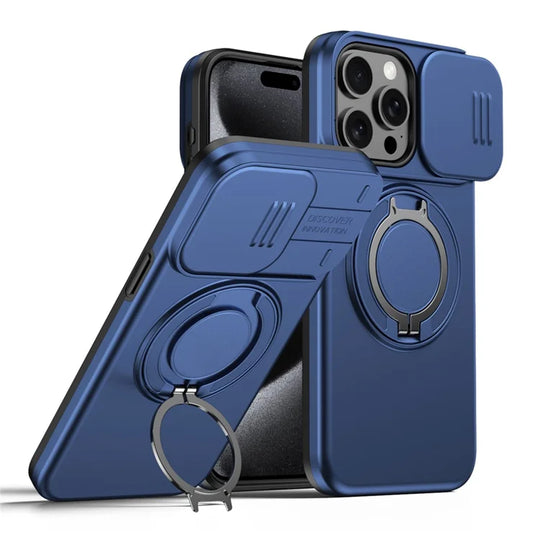 iPhone 15 Pro Magneettikotelo Sormusteline Liukuva Kamerasuojus TPU PC Hybrid-puhelinkuori - Sininen