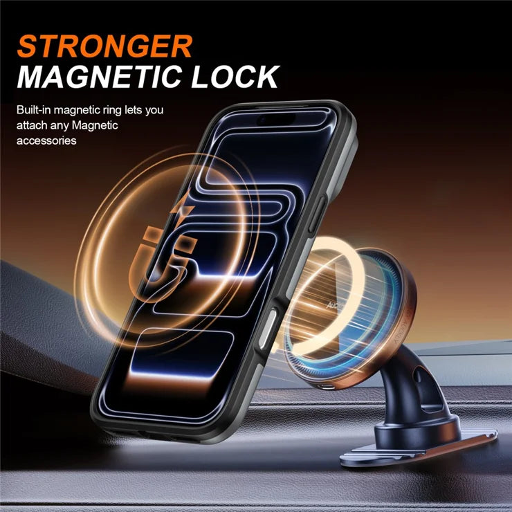iPhone 17 Pro Magnetic Case Ring Kickstand Slide Camera Cover TPU PC Hybrid Phone Shell - Grey