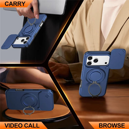 iPhone 17 Pro Magnetic Case Ring Kickstand Slide Camera Cover TPU PC Hybrid Phone Shell - Blue