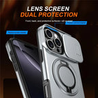 iPhone 16 Pro Case Magnetic Case Ring Kickstand Slide Camera Cover TPU PC Hybrid Phone Shell - Silver