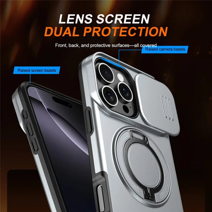 iPhone 16 Pro Case Magnetic Case Ring Kickstand Slide Camera Cover TPU PC Hybrid Phone Shell - Silver