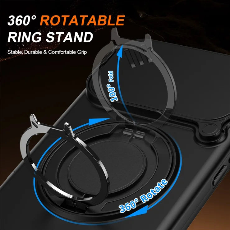 iPhone 17 Pro Magnetic Case Ring Kickstand Slide Camera Cover TPU PC Hybrid Phone Shell - Black