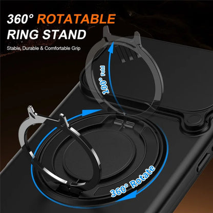 iPhone 17 Pro Magnetic Case Ring Kickstand Slide Camera Cover TPU PC Hybrid Phone Shell - Black