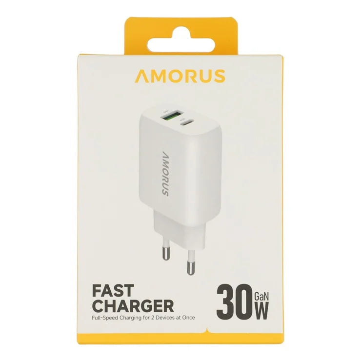 AMORUS PD 30W Type-C + QC 18W USB-A Dual Port GaN Power Adapter Fast Charging Wall Charger for Phone Tablet - EU Plug