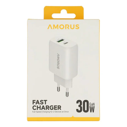 AMORUS PD 30W Type-C + QC 18W USB-A Dual Port GaN Power Adapter Fast Charging Wall Charger for Phone Tablet - EU Plug