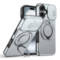iPhone 17 Case Magnetic Case Ring Kickstand Slide Camera Cover TPU PC Hybrid Phone Shell - Grey